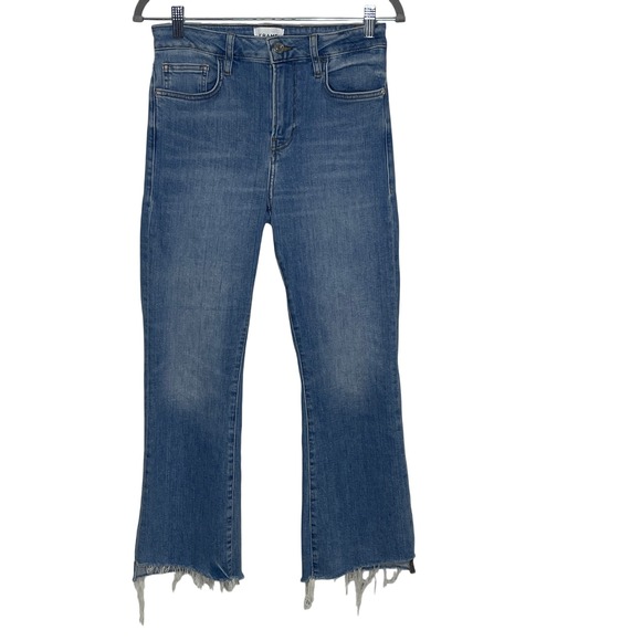 FRAME Le Crop Mini Boot Jeans Blue Denim Frayed Hem Womens - Picture 1 of 8